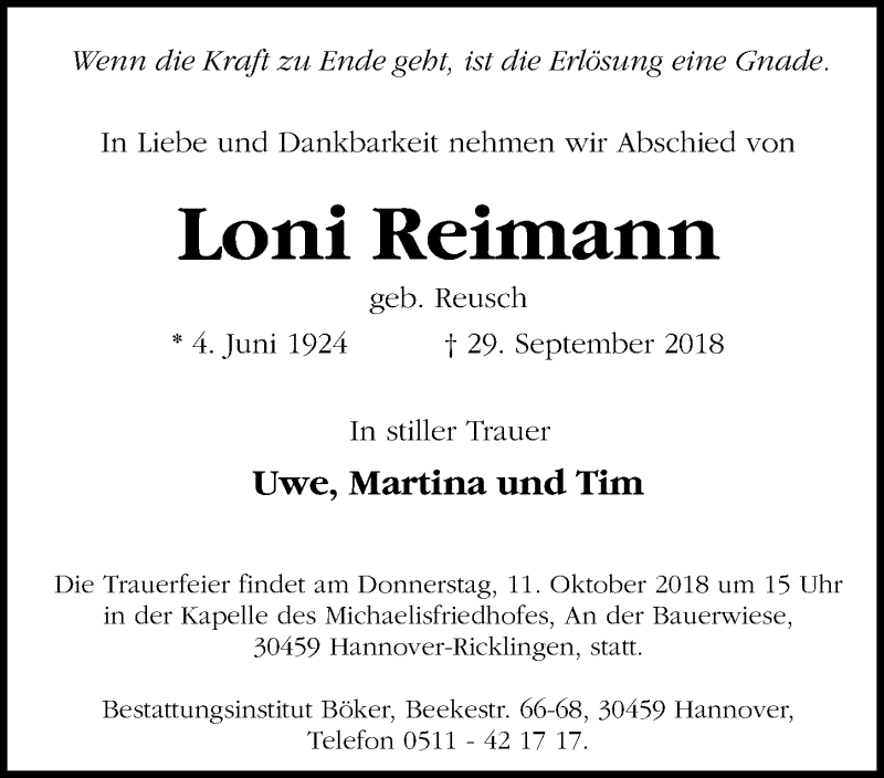  Traueranzeige für Loni Reimann vom 06.10.2018 aus Hannoversche Allgemeine Zeitung/Neue Presse