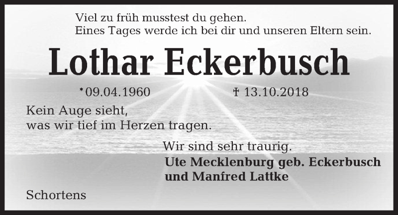  Traueranzeige für Lothar Eckerbusch vom 23.10.2018 aus Kieler Nachrichten