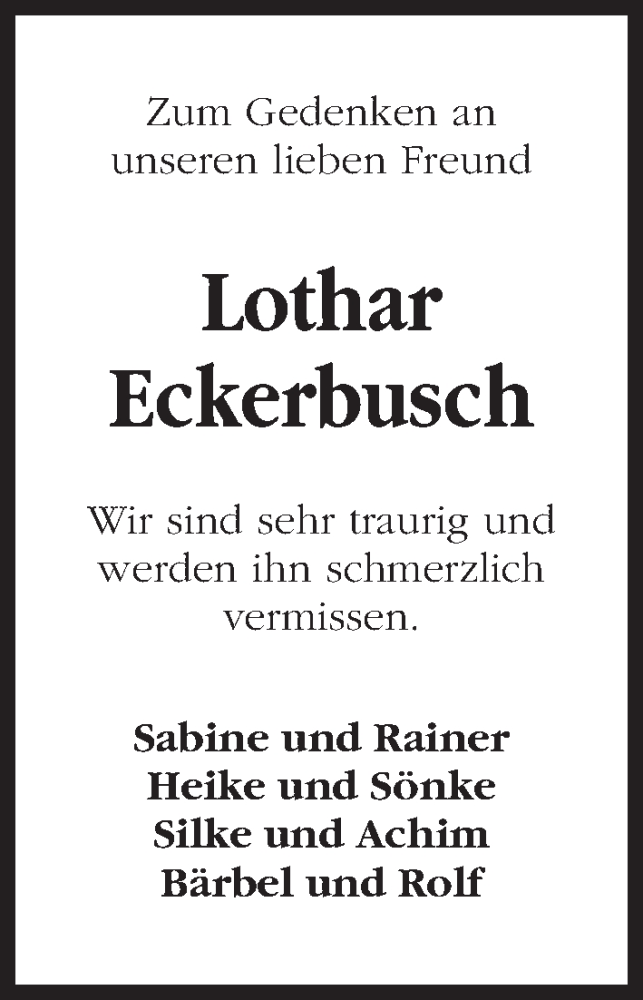  Traueranzeige für Lothar Eckerbusch vom 20.10.2018 aus Kieler Nachrichten