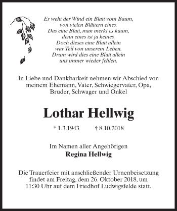 Traueranzeige von Lothar Hellwig von Märkischen Allgemeine Zeitung