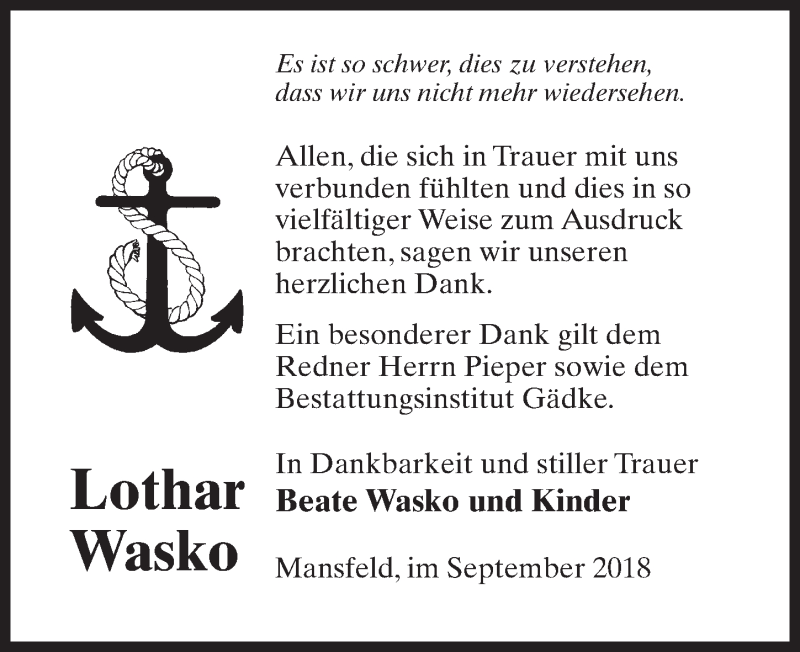  Traueranzeige für Lothar Wasko vom 13.10.2018 aus Märkischen Allgemeine Zeitung