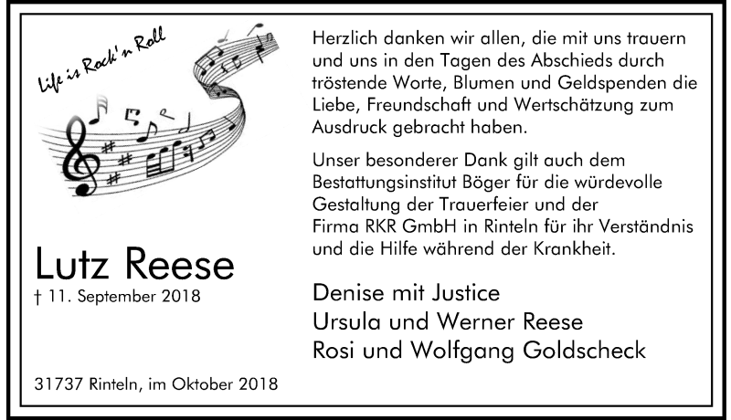  Traueranzeige für Lutz Reese vom 13.10.2018 aus Schaumburger Nachrichten