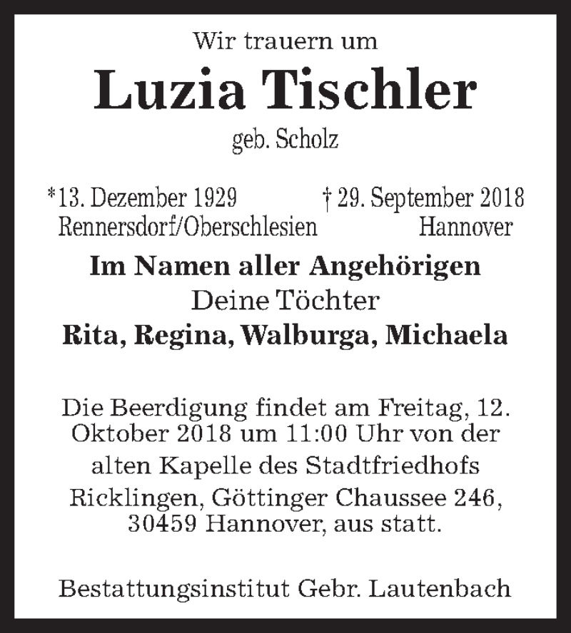  Traueranzeige für Luzia Tischler vom 10.10.2018 aus Hannoversche Allgemeine Zeitung/Neue Presse