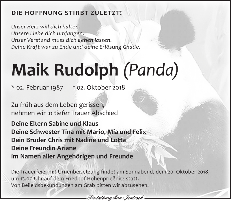  Traueranzeige für Maik Rudolph vom 06.10.2018 aus Leipziger Volkszeitung