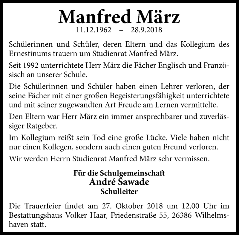  Traueranzeige für Manfred März vom 13.10.2018 aus Schaumburger Nachrichten