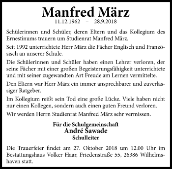 Traueranzeige von Manfred März von Schaumburger Nachrichten