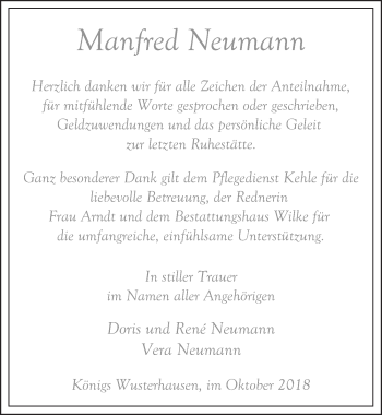 Traueranzeige von Manfred Neumann von Märkischen Allgemeine Zeitung