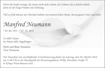 Traueranzeige von Manfred Neumann von Märkischen Allgemeine Zeitung