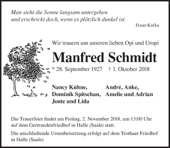 Traueranzeige von Manfred Schmidt von Leipziger Volkszeitung