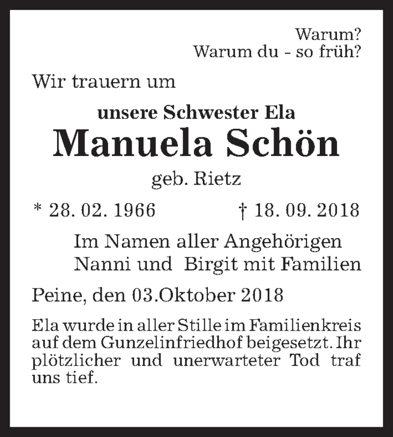  Traueranzeige für Manuela Schön vom 06.10.2018 aus Peiner Allgemeine Zeitung