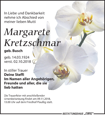 Traueranzeige von Margarete Kretzschmar von Leipziger Volkszeitung