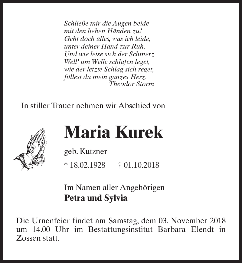 Traueranzeigen Von Maria Kurek Trauer Anzeigende 0105