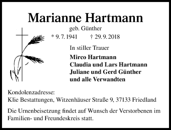 Traueranzeige von Marianne Hartmann von Göttinger Tageblatt