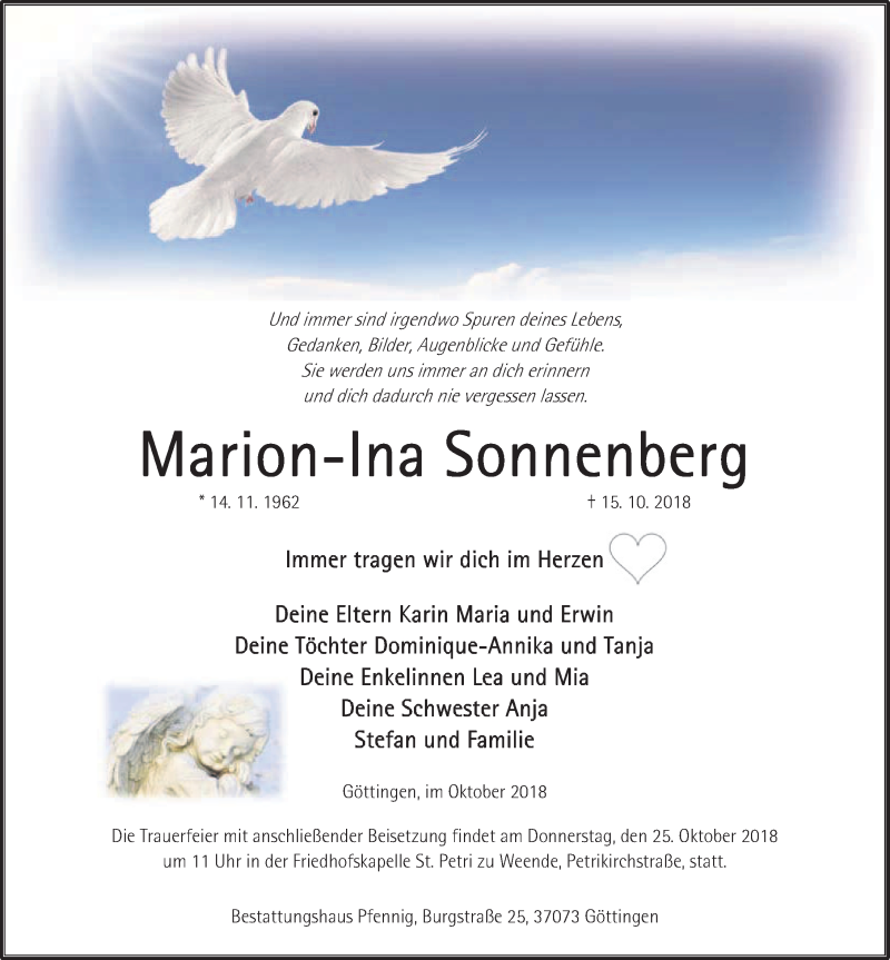  Traueranzeige für Marion- Ina Sonnenberg vom 20.10.2018 aus Göttinger Tageblatt