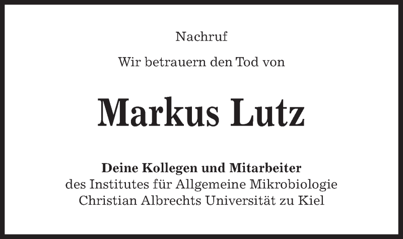  Traueranzeige für Markus Lutz vom 20.10.2018 aus Kieler Nachrichten