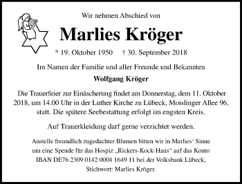 Traueranzeige von Marlies Kröger von Lübecker Nachrichten