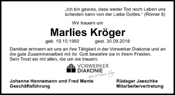 Traueranzeige von Marlies Kröger von Lübecker Nachrichten