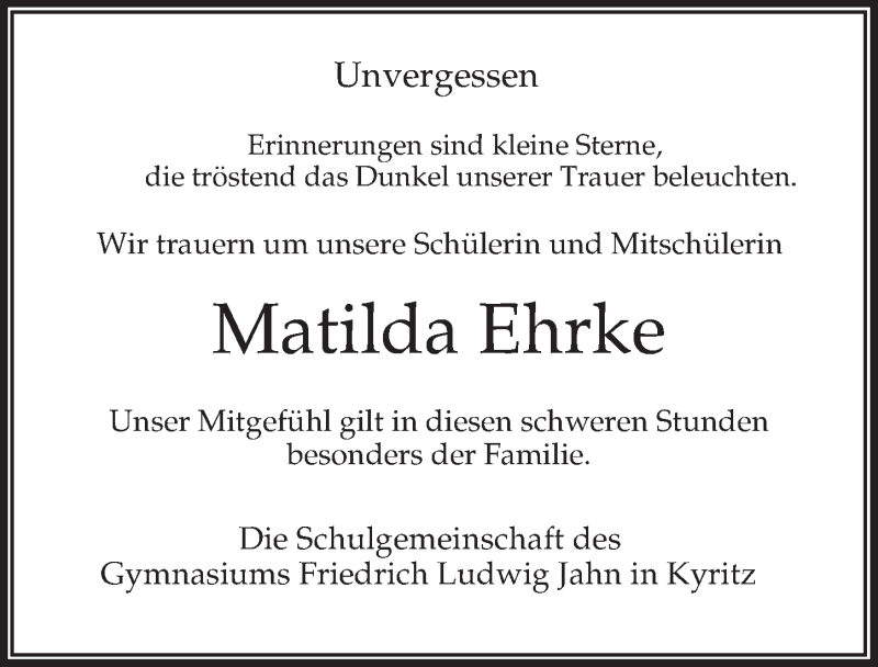  Traueranzeige für Matilda Ehrke vom 13.10.2018 aus Märkischen Allgemeine Zeitung