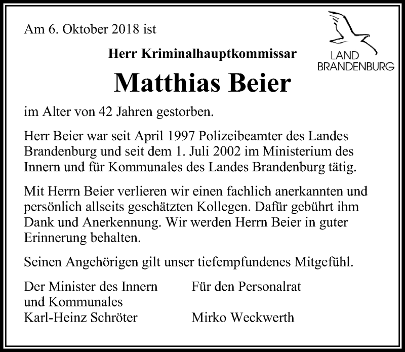  Traueranzeige für Matthias Beier vom 20.10.2018 aus Märkischen Allgemeine Zeitung