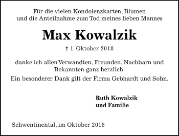 Traueranzeige von Max Kowalzik von Kieler Nachrichten