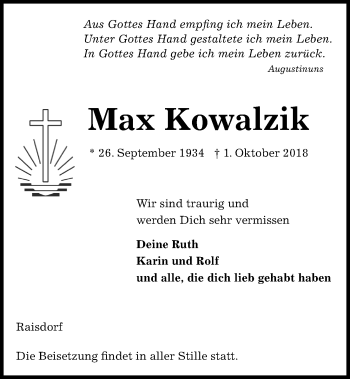 Traueranzeige von Max Kowalzik von Kieler Nachrichten