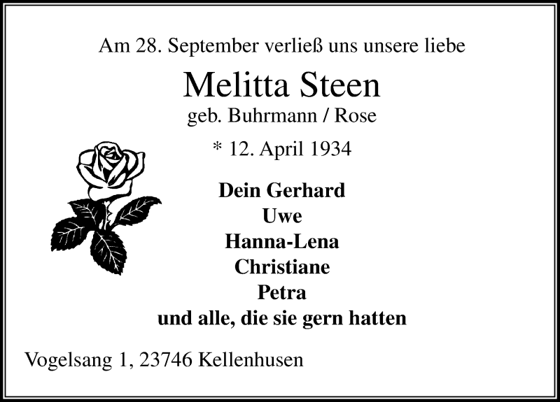 Traueranzeige für Melitta Steen vom 05.10.2018 aus Lübecker Nachrichten