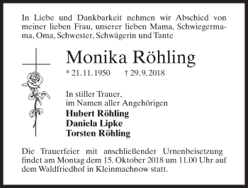 Traueranzeige von Monika Röhling von Märkischen Allgemeine Zeitung