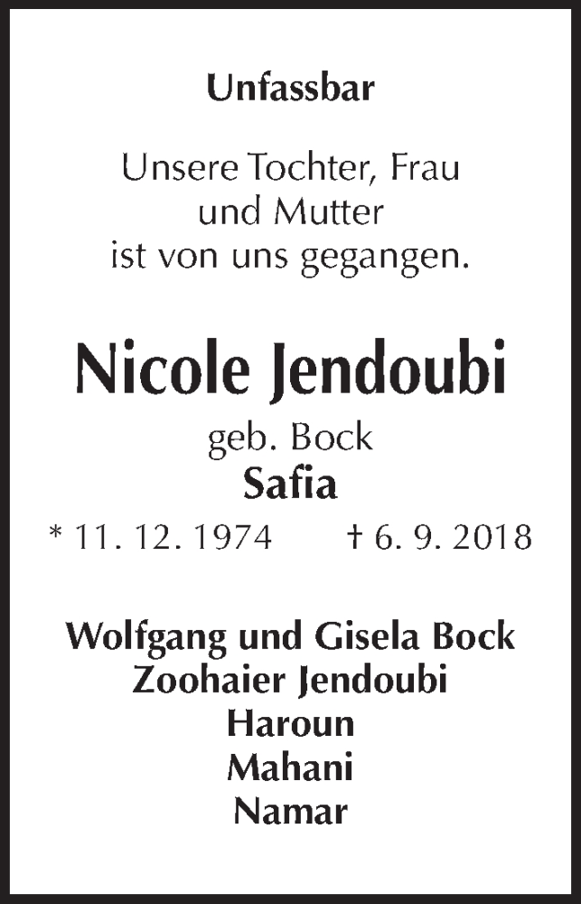  Traueranzeige für Nicole Jendoubi vom 06.10.2018 aus Kieler Nachrichten