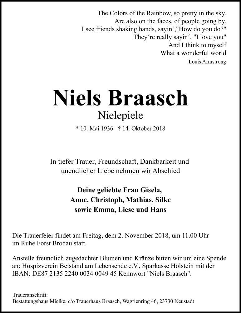  Traueranzeige für Niels Braasch vom 21.10.2018 aus Lübecker Nachrichten