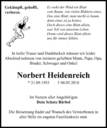 Traueranzeige von Norbert Heidenreich von Märkischen Allgemeine Zeitung