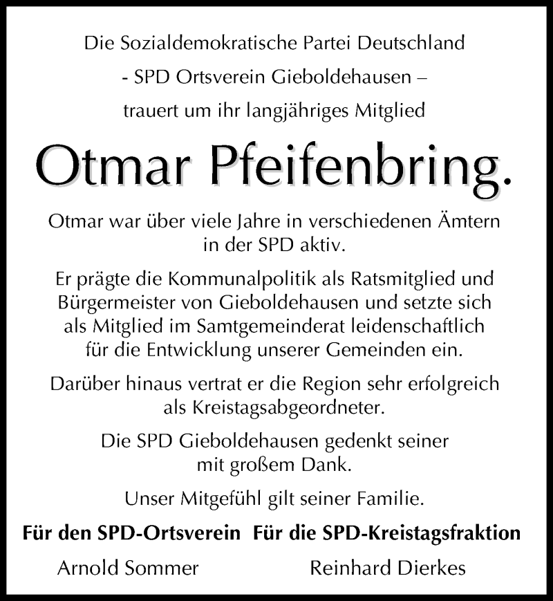  Traueranzeige für Otmar Pfeifenbring vom 06.10.2018 aus Eichsfelder Tageblatt