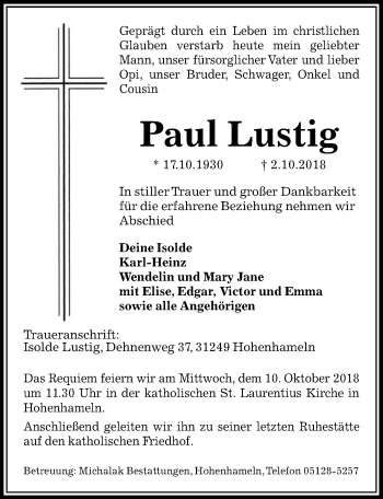 Traueranzeige von Paul Lustig von Peiner Allgemeine Zeitung