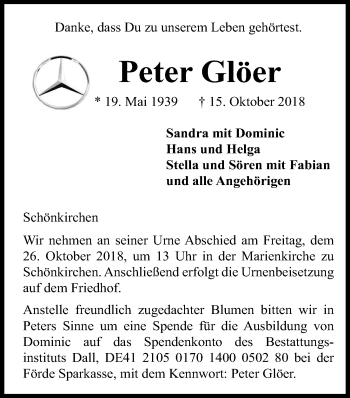 Traueranzeige von Peter Glöer von Kieler Nachrichten