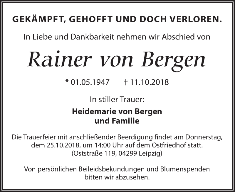 Traueranzeige für Rainer von Bergen vom 20.10.2018 aus Leipziger Volkszeitung