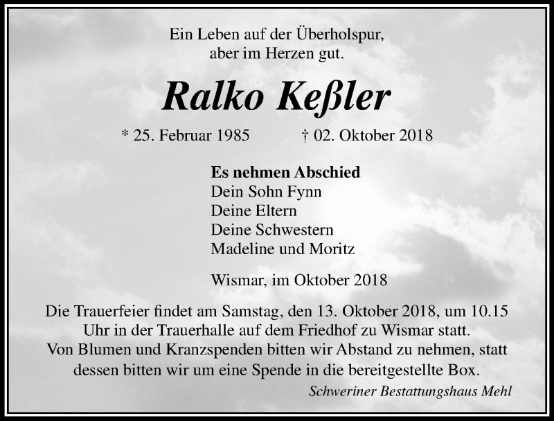  Traueranzeige für Ralko Keßler vom 10.10.2018 aus Ostsee-Zeitung GmbH