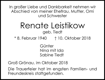 Traueranzeige von Renate Leistikow von Lübecker Nachrichten