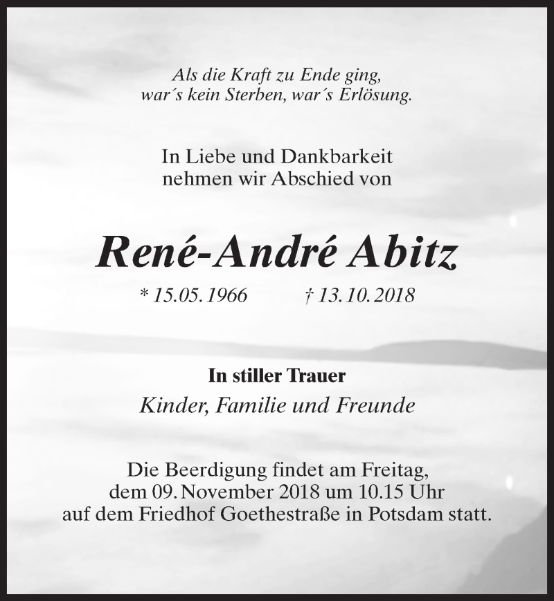  Traueranzeige für René-André Abitz vom 27.10.2018 aus Märkischen Allgemeine Zeitung