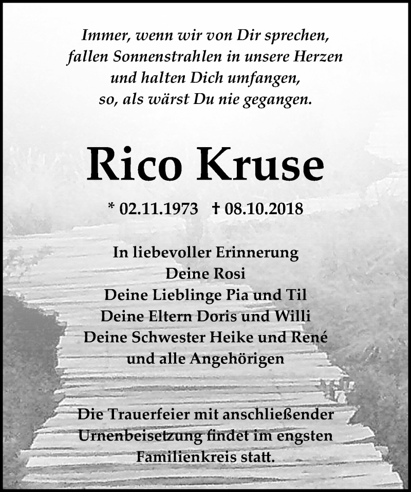  Traueranzeige für Rico Kruse vom 13.10.2018 aus Märkischen Allgemeine Zeitung
