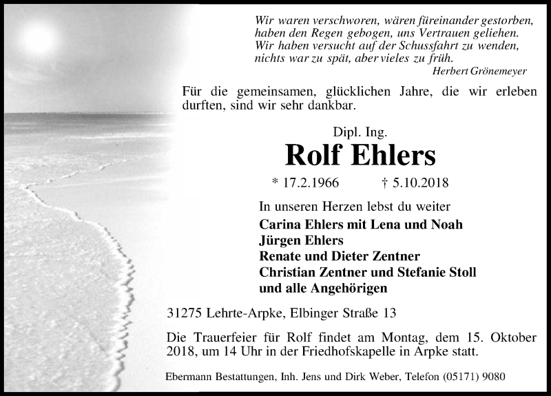  Traueranzeige für Rolf Ehlers vom 10.10.2018 aus Hannoversche Allgemeine Zeitung/Neue Presse