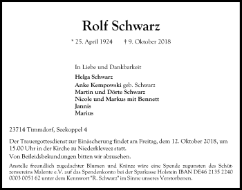 Traueranzeige von Rolf Schwarz von Kieler Nachrichten