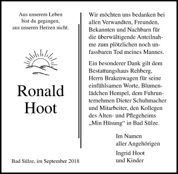 Traueranzeige von Ronald Hoot von Ostsee-Zeitung GmbH