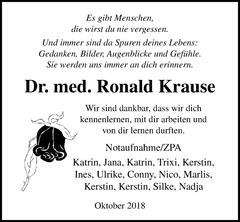  Traueranzeige für Ronald Krause vom 20.10.2018 aus Ostsee-Zeitung GmbH