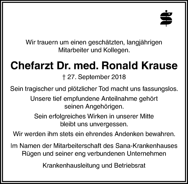  Traueranzeige für Ronald Krause vom 13.10.2018 aus Ostsee-Zeitung GmbH