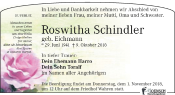 Traueranzeige von Roswitha Schindler von Leipziger Volkszeitung