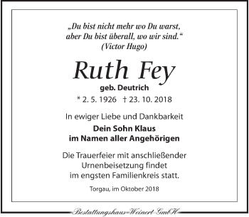 Traueranzeige von Ruth Fey von Torgauer Zeitung