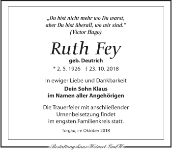 Traueranzeige von Ruth Fey von Dresdner Neue Nachrichten