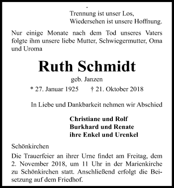 Traueranzeige von Ruth Schmidt von Kieler Nachrichten