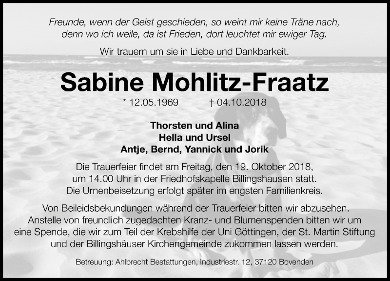  Traueranzeige für Sabine Mohlitz-Fraatz vom 13.10.2018 aus Göttinger Tageblatt