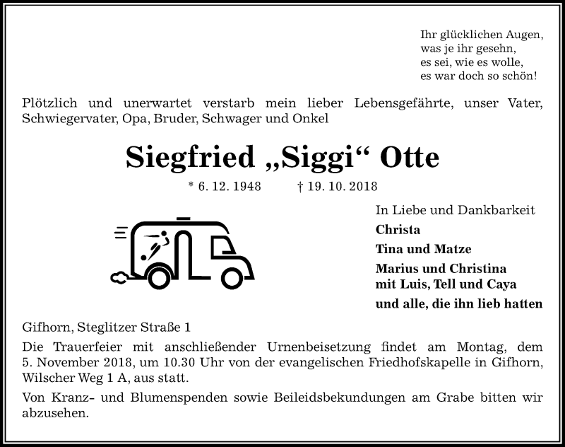  Traueranzeige für Siegfried Siggi Otte vom 27.10.2018 aus Aller Zeitung