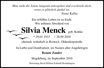 Traueranzeige von Silvia Menck von Ostsee-Zeitung GmbH